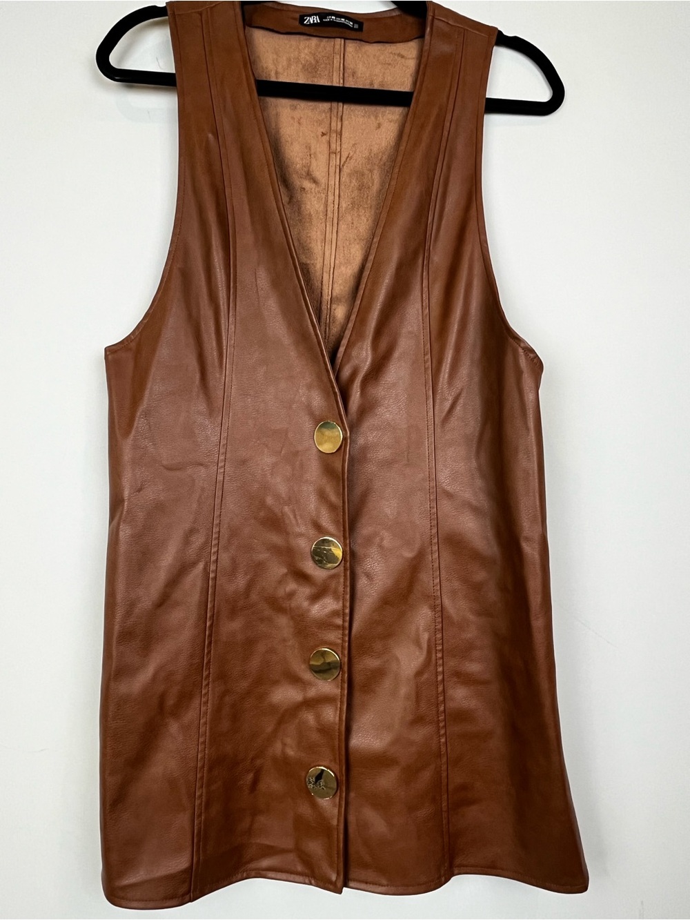 Zara Brown Faux Leather Button-Front Vest Pinafore Dress Size XS - Picture 13 of 15